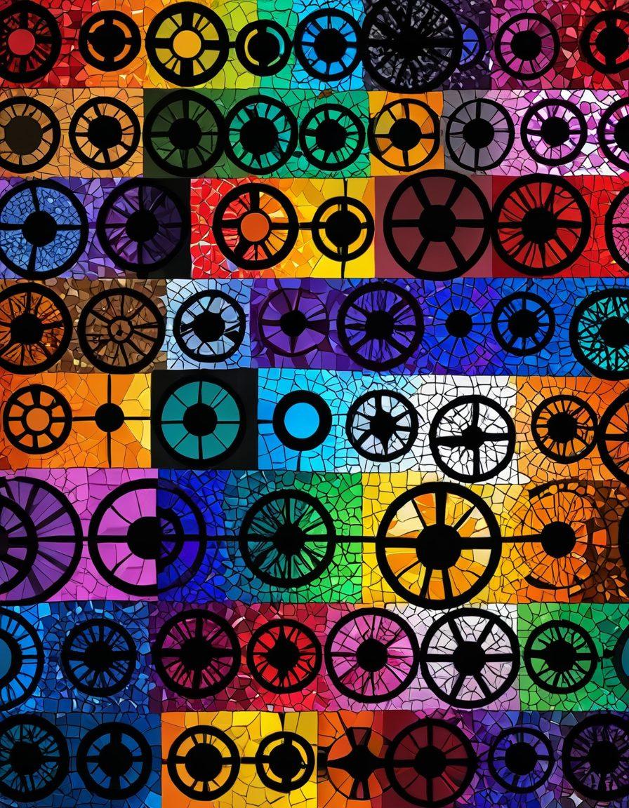 A vibrant mosaic of film reels intertwined with colorful LGBTQ+ pride flags, symbolizing diversity in queer sexuality through various film genres. Include silhouettes of iconic film characters representing various identities and expressions, surrounded by a backdrop of a kaleidoscope-like gradient. The scene evokes unity and celebration. super-realistic. vibrant colors. 3D.