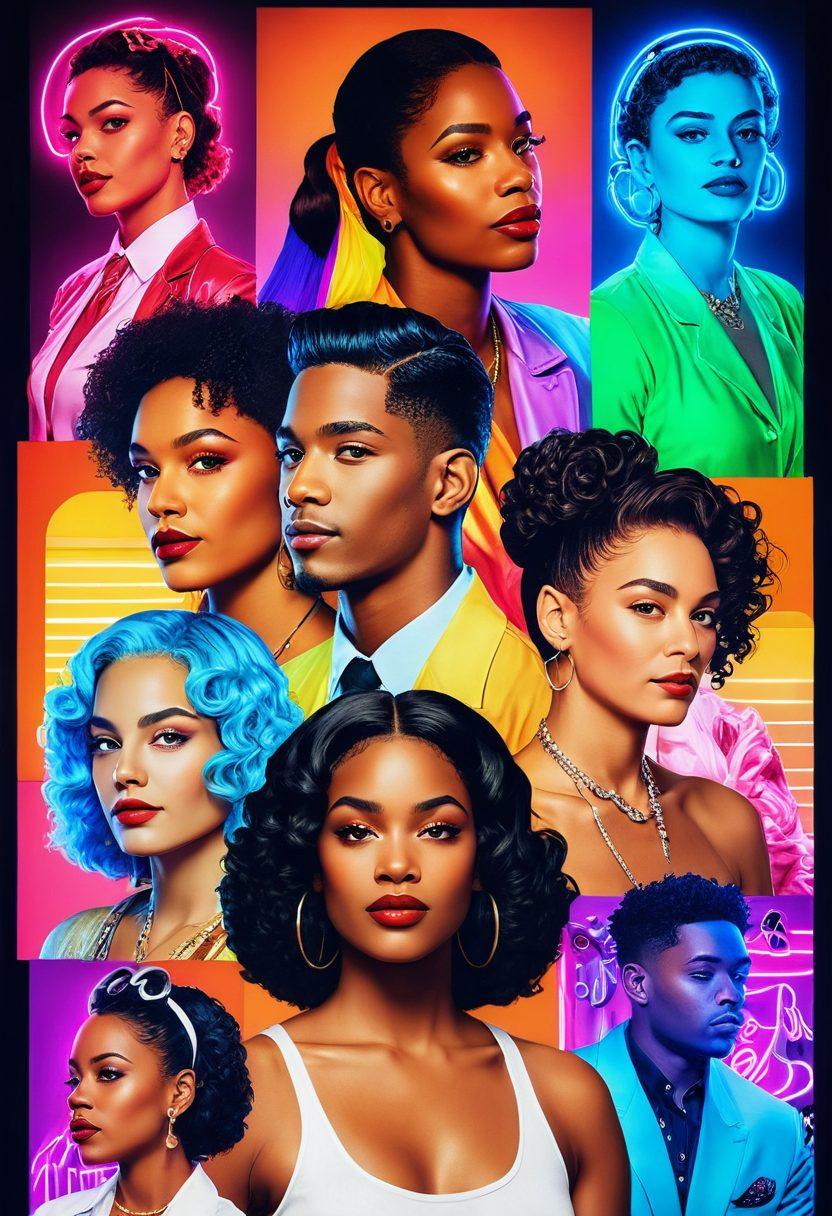 An artistic representation showcasing the evolution of LGBTQ+ adult entertainment, featuring diverse characters and scenes from different eras, highlighting the integration of technology and culture. Include colorful neon lights and vintage film elements in a vibrant montage. Emphasize unity and celebration of diversity through expressive body language and style. bold colors. digital collage. vibrant and dynamic.