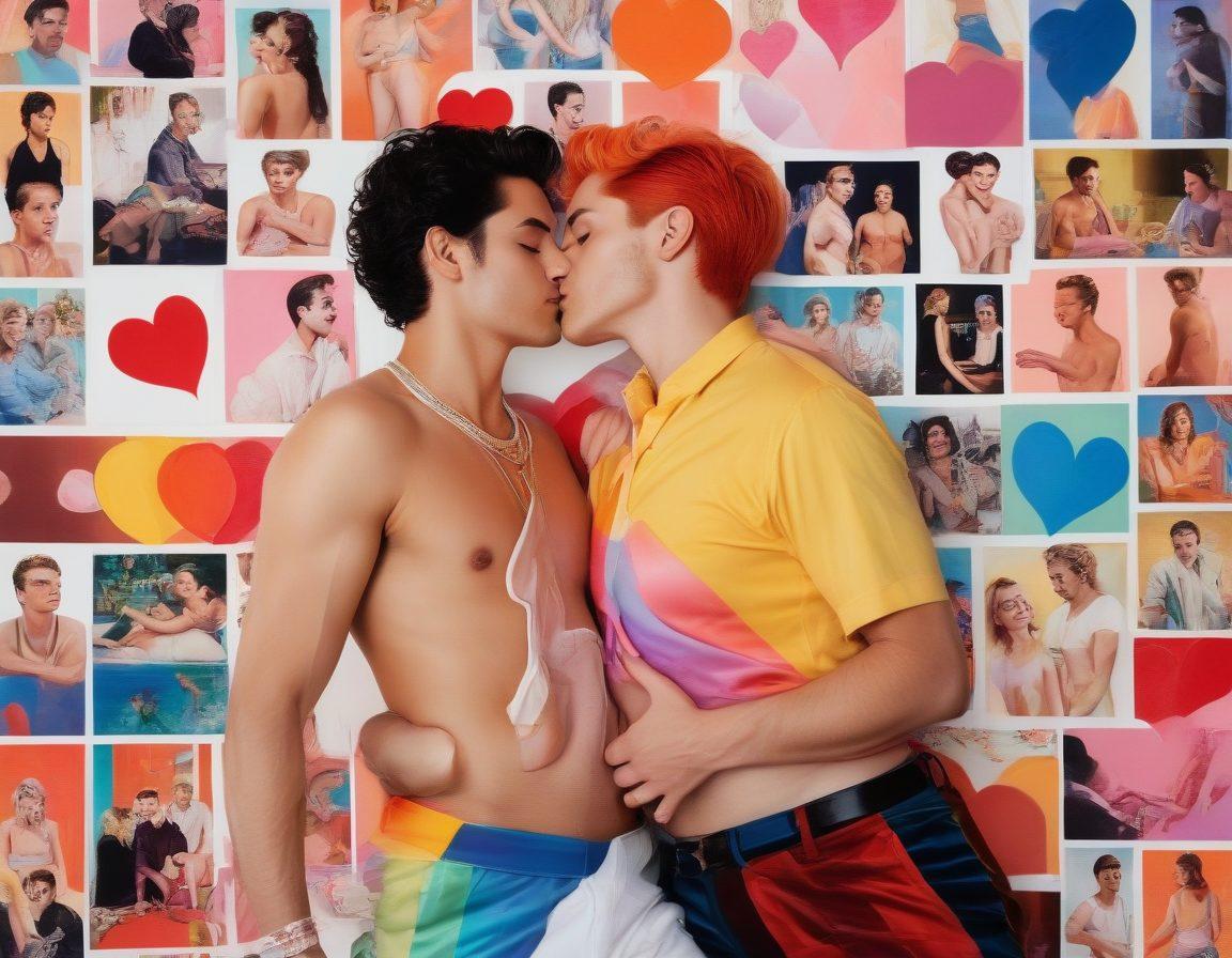 A vibrant and colorful collage featuring iconic scenes from gay and lesbian erotic films, including diverse characters expressing love and intimacy in various settings. Include elements of film reels, hearts, and rainbow motifs to embody LGBTQ+ pride. The background should be a blend of soft pastels and bold colors to reflect diversity and celebration. super-realistic. vibrant colors. white background.